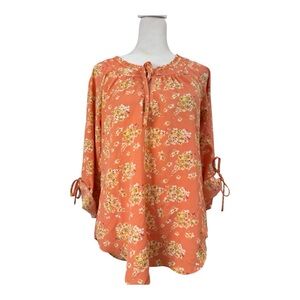 LC Lauren Conrad Coral Floral Blouse Convertible Bow Tie Sleeves Small